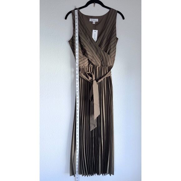 NWT Amour Vert Cambria Pinstripe Pleated Sleeveless Dress in Bronzed Olive Sz S - Picture 13 of 16